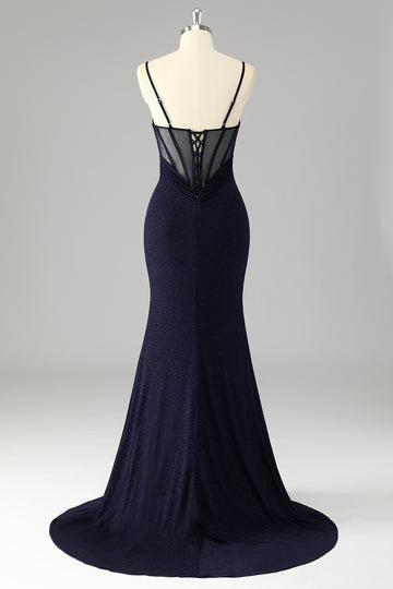 Sparkly Navy Spaghetti Straps Mermaid Long Prom Dress with Slit